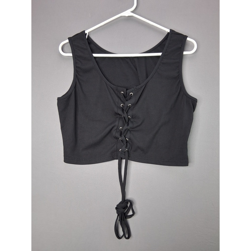 Shein Curve Tank Top Lace Up Front Ribbed Crop 0XL Black Sleeveless Edgy Summer